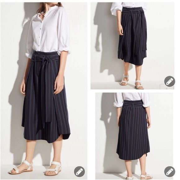 VINCE Dobby Striped Midi Navy Blue Skirt Size 2 Retail $295 - Picture 1 of 7